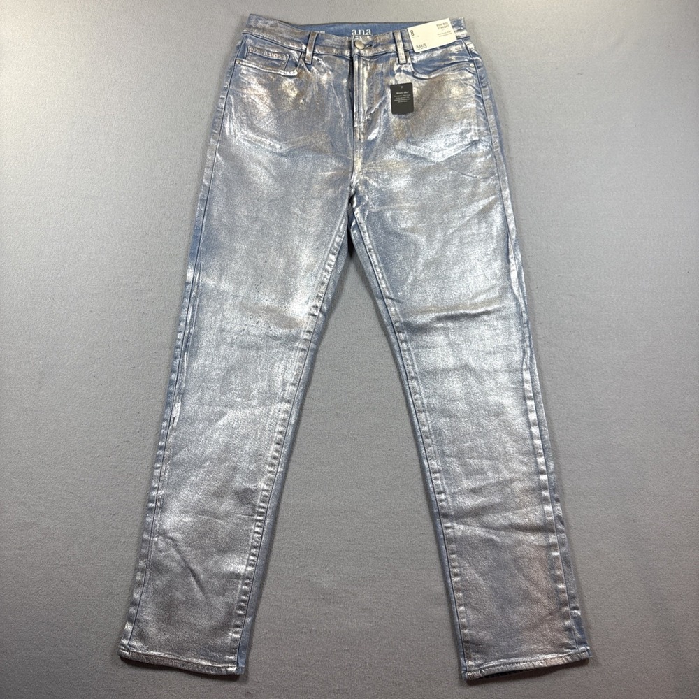A.N.A Women's High Rise Silver Matallic Straight Jeans Size 8 NWT